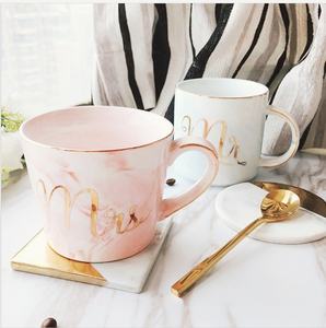 Nouvelle tasse à café en marbre nordique, tasse ronde pour couple, tasse à lait rose pour le petit-déjeuner, tasse en céramique avec poignée dorée - Product Image 3
