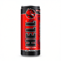 Boisson énergisante HELL ENERGY 250 ml (0,25 L) à la caféine, saveur originale, en canette rouge, pack de 24, 1304365