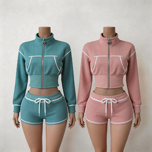 Conjunto <span class=keywords><strong>de</strong></span> Dos Piezas con Sudadera con Cierre y Cintura Baja, Estilo Chic, Tejido Waffle, para Mujer, Moderno, Casual, para Uso Diario - Product Image 2