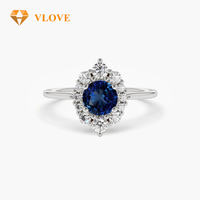 Bague de fiançailles VLOVE en or jaune massif 14 carats avec halo de saphir bleu rond et diamant de laboratoire, bijoux fins pour femme, anniversaire de mariage