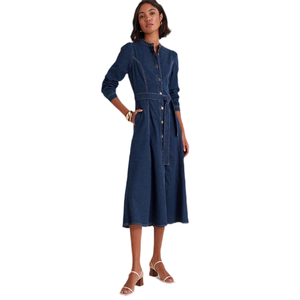 Robes décontractées en jean pour femmes, personnalisables en usine, bleu campagnard, à manches longues, longueur ras du sol, lavage enzymatique, méthode <span class=keywords><strong>de</strong></span> tissage. - Product Image 1