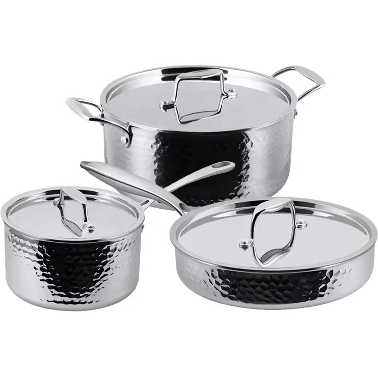 6Pcs Tri-Ply Hammered Stainless Steel Pots and Pans Cookware 3 ply induction pot set for Cooktops Oven Dishwasher Safe