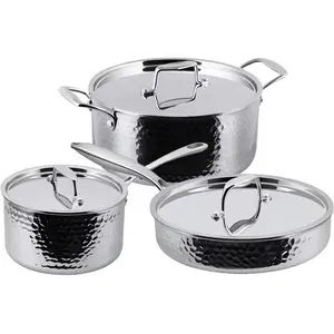 6Pcs Tri-Ply Hammered Stainless Steel Pots And Pans Cookware 3 Ply Induction Pot Set For Cooktops Oven Dishwasher Safe