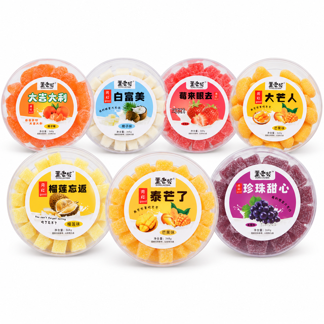 Round Box Multi-Colored Fruit Flavor Gummy Candy 368g Mixed Flavors Strawberry Mango Coconut Orange Wholesale Snacks