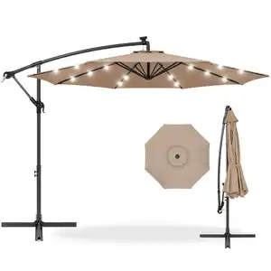 10ft Quality Polyester Waterproof Sun Parasol LED Cantilever Offset Patio Umbrella With Led Solar Lights For Outdoor Garden Pool