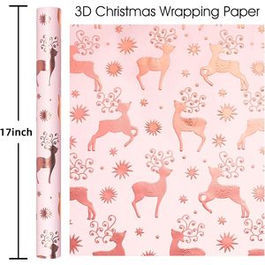 Pink Kraft Christmas <b>Wrapping</b> <b>Paper</b> 3D Embossed Rose Gold Reindeer Star Theme Gift Craft Roll 46.8 Square Feet - Product Image 3