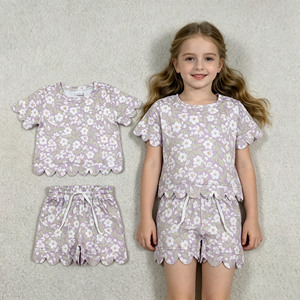 Conjuntos de Ropa para Niñas RTS Boutique, Casuales, con Estampado Floral de Arcoíris, Transpirables, con Diseños de Borde Festoneado, para Verano - Product Image 1