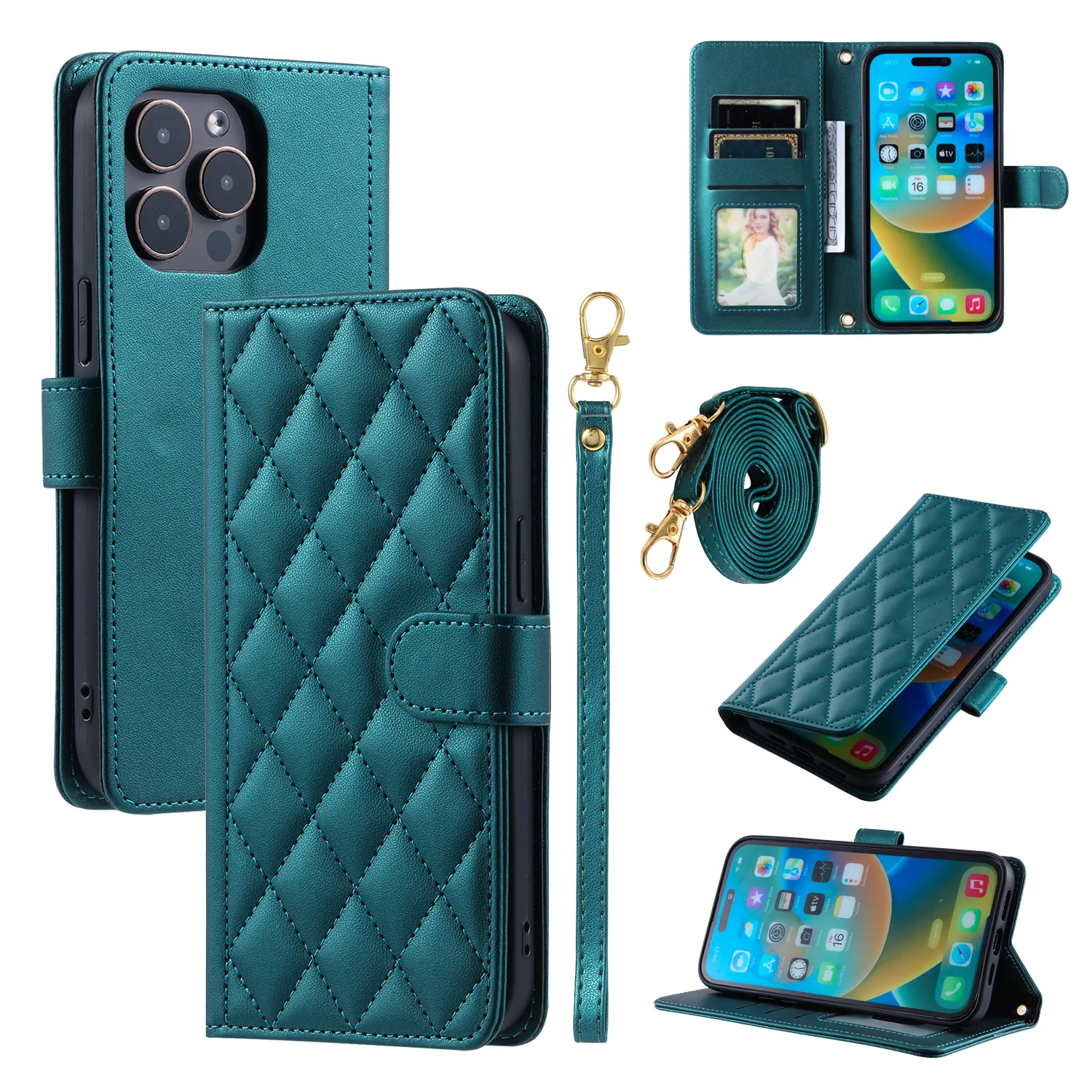 Luxury Sheep Wallet Leather Mobile Phone Bags For IPhone 15 14 13 Pro Max Strap Diamond Phone Stand Cover