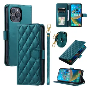 Bolsas de teléfono móvil de cuero con billetera de oveja de lujo para IPhone 15 14 13 Pro Max Strap Diamond Phone Stand Cover