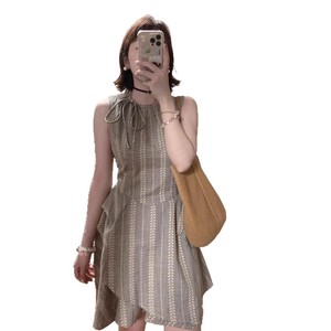 French Striped Sleeveless Vest Dress For Women Summer Irregular Design Tie Neck Natural Waist Daily Casual Short Skirt - Product Image 5