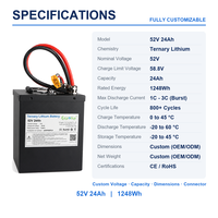 Pack de batteries lithium-ion personnalisé 52V 24Ah 1248Wh avec cellules NCM et BMS intelligent pour vélos électriques et trottinettes électriques