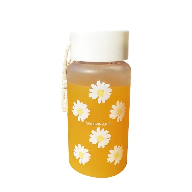 Small Daisy Transparent Plastic Water Bottles BPA Free Creative Frosted Water Bottle With Portable Rope Travel Tea Cup