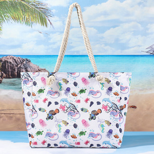 Nouveau sac de <span class=keywords><strong>plage</strong></span> imprimé décontracté pour femme, sac à bandoulière, sac de voyage d'été en <span class=keywords><strong>toile</strong></span> avec doublure en polyester, fermeture éclair et poignée en corde - Product Image 1