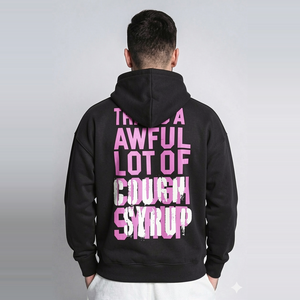 เสื้อฮู้ดดี้ผู้ชายลายกราฟิกฮิปฮอป ผ้าฝ้าย 100% 400GSM สีดำ AWFUL LOT COUGH SYRUP ทรงโอเวอร์ไซส์ สตรีทแวร์ แฟชั่นผู้ชาย ขายส่ง - Product Image 2