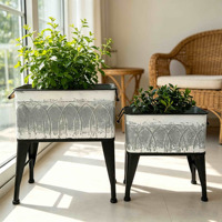 Ensemble de 2 jardinières vintage en métal gaufré avec support, pot à fleurs rectangulaire style ferme avec poignées pour jardin, patio, décoration intérieure