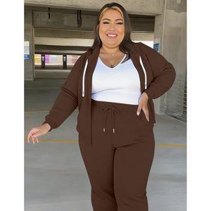 Conjunto deportivo de dos piezas para mujer de talla grande FOXA, sudadera con capucha y cremallera, pantalones deportivos de pierna ancha, ropa informal para estar en casa. - Product Image 3