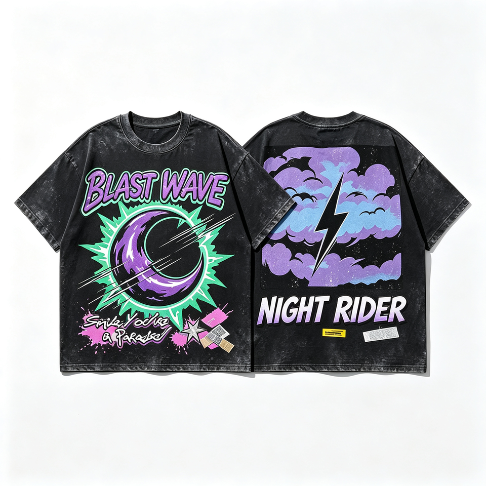 Mens Vintage Washed 100% Cotton Graphic T-Shirt Blast Wave Moon ...
