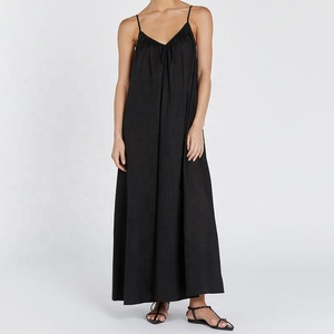 Robe longue personnalisée pour <span class=keywords><strong>femme</strong></span>, été, respirante, écologique, en lin et coton, col en V, bretelles spaghetti, couleur unie, <span class=keywords><strong>taille</strong></span> naturelle - Product Image 1