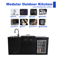 Isla de Cocina Modular de Acero Inoxidable para Exteriores, Estación de Asado Teppanyaki a Gas con Fregadero, Almacenamiento y Nevera para Vino, para Cocinar al Aire Libre
