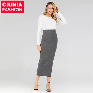 6117# New solid color long pencil skirts wool cotton skirts causal women skirt ladies clothes