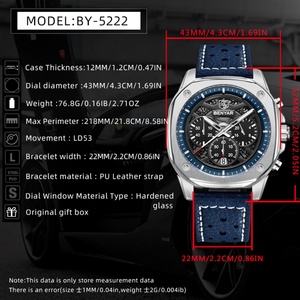 Montre à quartz pour homme BENYAR BY5222, marque de mode, calendrier, étanche, bracelet en cuir, lumineuse, rétro, élégante, Reloj - Product Image 6