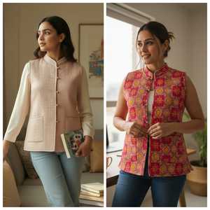 Gilet sans manches réversible pour femme, imprimé turban blanc, en coton, doublure marron, boutons sur le devant, style ethnique - Product Image 1