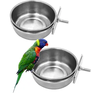 Bird Feeding Cups with Clamp Holder, Parrot Food & Water Cage Hanging Bowl Stainless Steel Coop Cup Dish Feeder for Parakeet