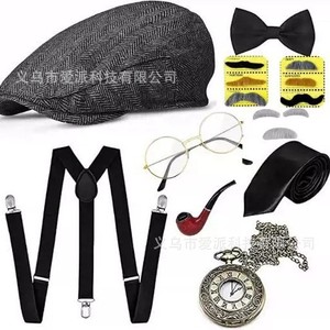 Conjunto de Disfraz de los Años 20 para Hombre, Sombrero, Corbata, Tirantes, Reloj de Bolsillo, Gafas, Barba, Accesorios para Fiestas de Disfraces - Product Image 1