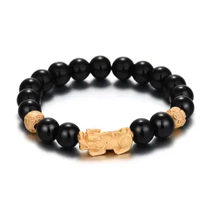 Chinese Original Gold Fengshui Pi Xiu Black Obsidian Jade Stones Pi Yao Beads Wealth Piyao Lucky Pixiu Feng Shui Bracelet