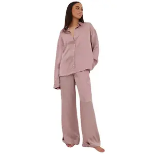Nieuwe Collectie Zijden Pyjama Womens Satijn Nachtkleding 2 Stuk Herfst Logo Aangepaste Luxe Chiffon Pjs Tweedelige Casual Loungekleding