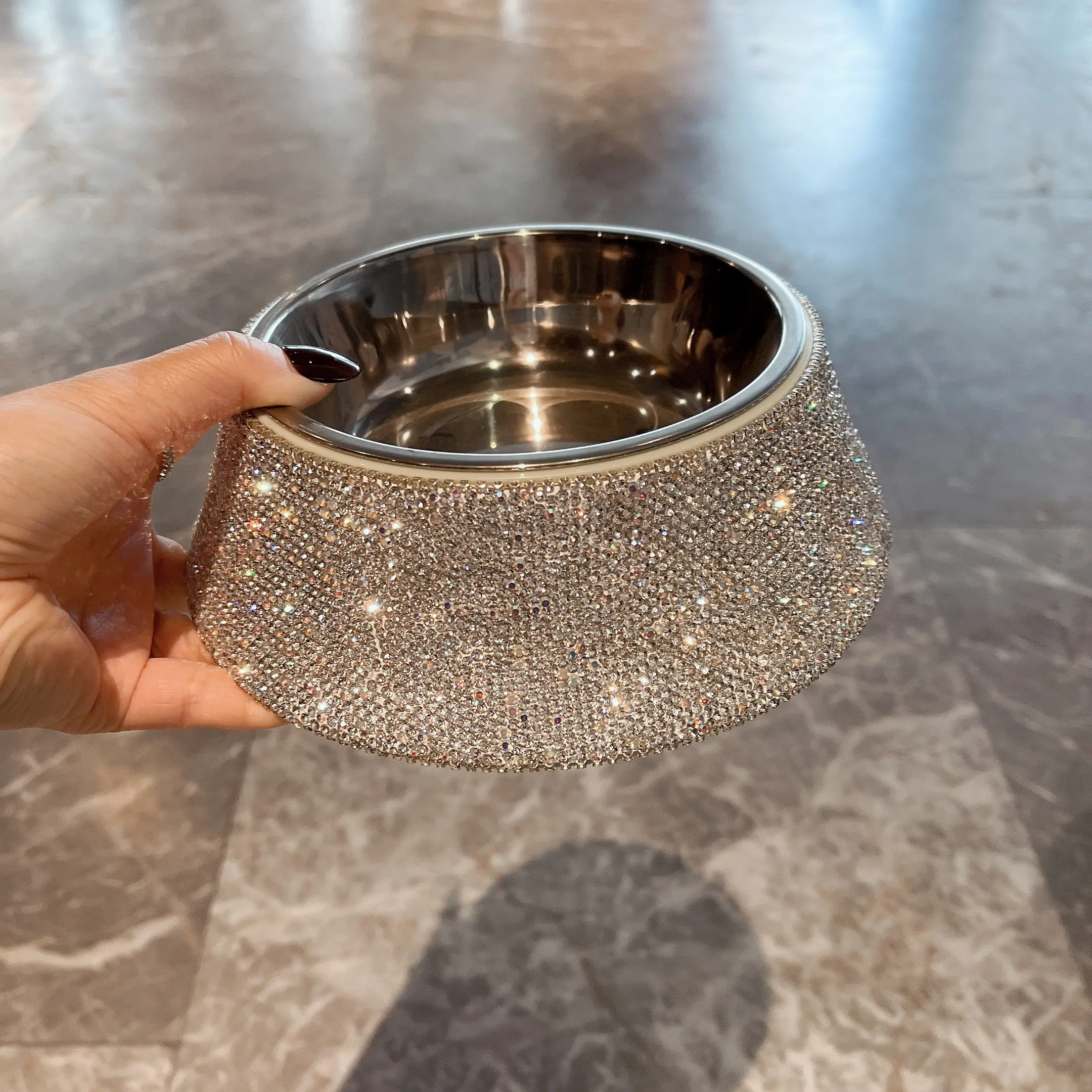 Bling double bowl stainless steel dog food basin large high diamond rhinestone luxury pet bowls