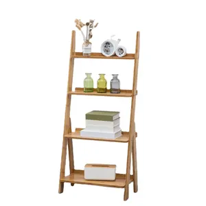 wholesale stable natural bamboo 4 and 5 tiers living room storage rack shelf organizer ladder against wall