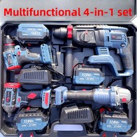 Ensemble d'outils multifonctionnel à batterie lithium-ion comprenant marteau électrique, meuleuse d'angle, perceuse et clé à chocs (quatre pièces) pour usage domestique