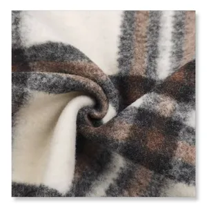 High quality yarn dyed plaid polyester wool brushed fleece woolen knit tweed fabric for men suit