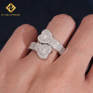 Bague Double Cœur Entièrement Pavée de Diamants de Laboratoire, Coupe Ronde et Baguette, en Argent S925, Bijoux Hip Hop Bling pour Hommes - Product Image 2