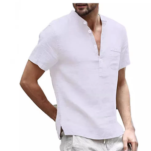 Camicia da Lavoro <span class=keywords><strong>Giapponese</strong></span> a Collo Semi-Aperto, Manica Corta, Traspirante, in Misto Cotone e Lino, Vestibilità Ampia, Stile Streetwear per Uomo - Product Image 1
