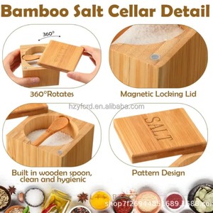 Bamboo Salt Box With Spoon Magnetic Lid Airtight Kitchen Storage <b>Spice</b> <b>Jar</b> M Size - Product Image 2