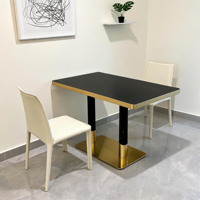 Table à manger rectangulaire avec finition or rose, base à double piétement, table de luxe pour restaurant commercial, hôtel, mobilier de salle à manger, vente en gros