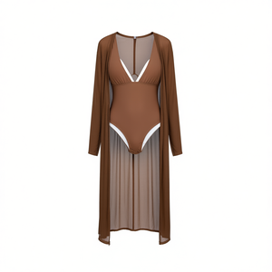 HDJ Robe longue de plage à manches longues, col en V profond, en mousseline transparente, grande taille, coupe ample, couleur unie - Product Image 2