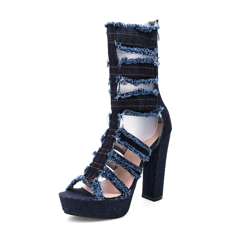 2022 New Arrivals Summer Designer Shoes 12cm Unique Sandals Hollow Out Denim High Heels for Women and Ladies