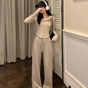 Women's Casual Two Piece Set Grey Oatmeal Hooded Sweatshirt Loose Wide Leg Pants Spring Autumn Solid Color Polyester - Product Image 4
