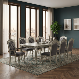 Ensemble de salle à manger en bois argenté de luxe américain - Table rectangulaire, 8 chaises capitonnées, sculptures ornées, style vintage glamour - Product Image 3