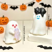 Figurine de fantôme d'Halloween en jade blanc avec cœur ou chat, fantôme en cristal mignon et effrayant pour la décoration et les cadeaux d'Halloween