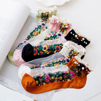 Bonne affaire broderie fleurs chaussettes dentelle transparente maille perle perles verre chaussettes Net fil mince femmes gaze