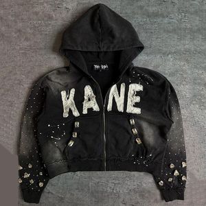 Men Zip up Hoodie Pink Vintage Washed Distressed Hooded <b>Jacket</b> Patchwork Letter Applique Big <b>Rhinestone</b> Paint Splatter Hoodie - Product Image 2