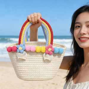 Straw woven bag, Korean niche bag, <b>handbag</b>, women's cotton rope woven bag, beach bag, dopamine color - Product Image 3