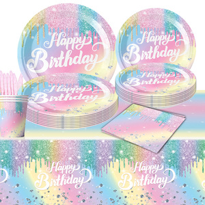 Colorful Macaron Diamond Gradient 4 Color Digital Printed <b>Disposable</b> Paper Plates Towels Set for Birthday Cake Decorations Party - Product Image 2