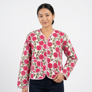 Indian Handmade Boho Style Quilted Cotton Short Button Women's <b>Jacket</b> New Style Flower Printed Knitted Fabric Outerwear Casual - Product Image 1