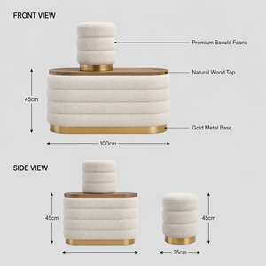 Modern Luxury Boucl&eacute; Pleated Stool Set with Wood Top Round Ribbed Ottoman Gold Base Long <strong>Bench</strong> for Living Room Bedroom Furniture - Product Image 5