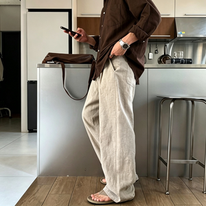 Hot Supplier Custom Men Linen <b>Trousers</b> Summer Breathable <b>Light</b> Loose Casual Pants Vintage Solid Color Linen <b>Trousers</b> TKAN858 - Product Image 2